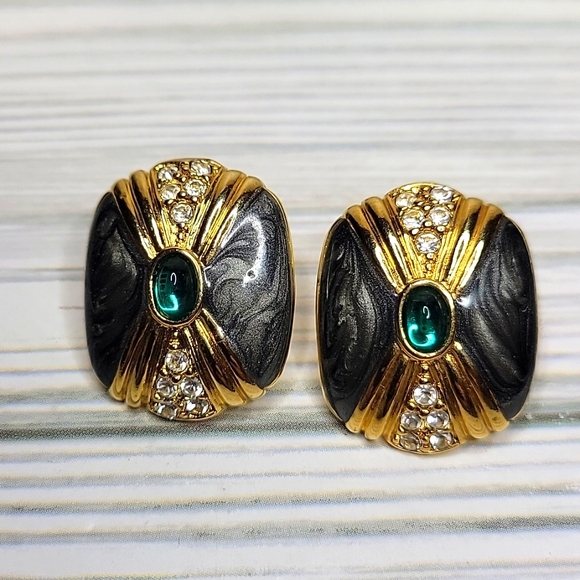 Vintage Kenneth Jay Lane for Avon earrings, Studs Enamel & Rhinestone KJL, KJ01 - Picture 1 of 5